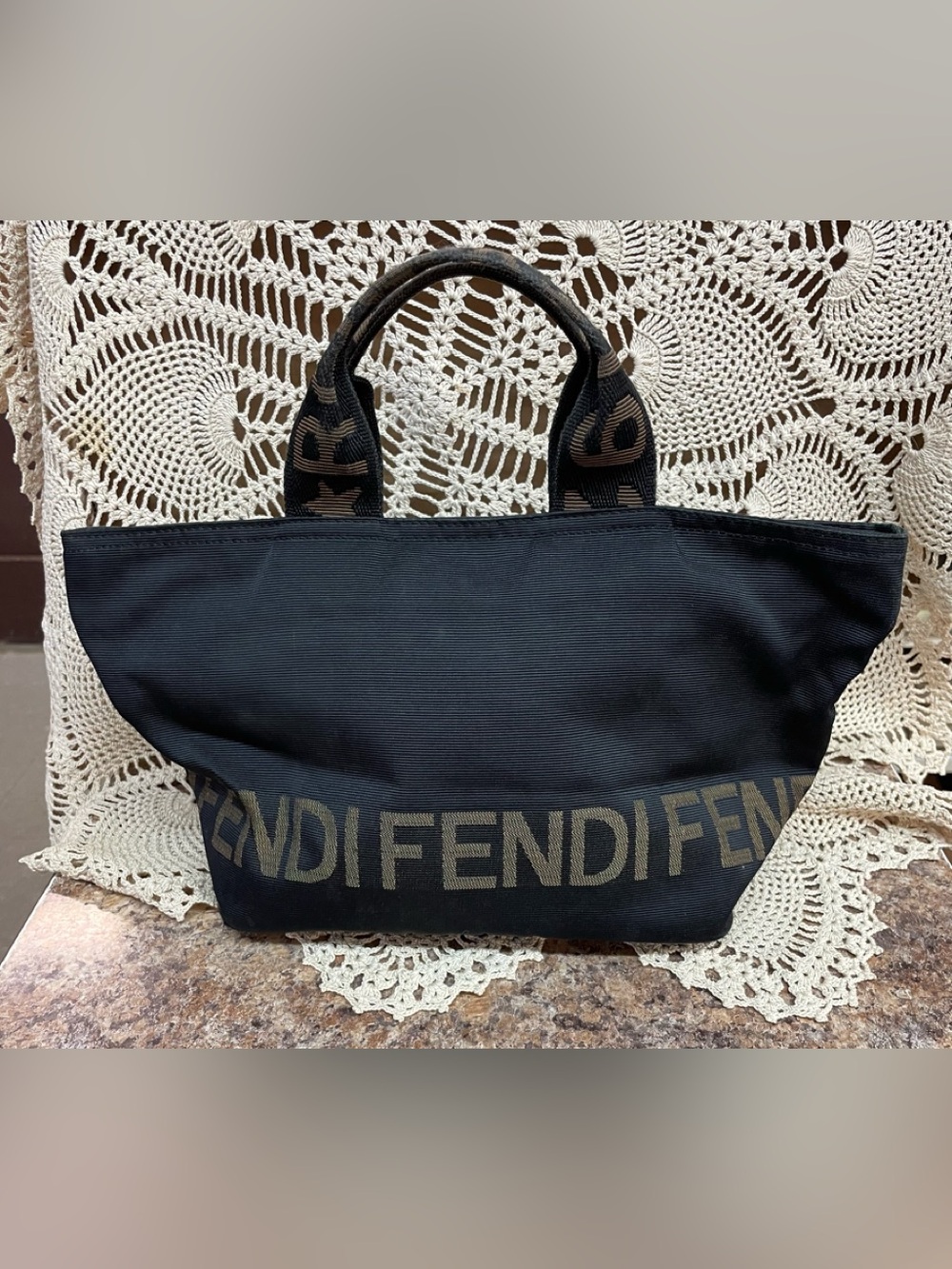 Fendi vintage black nylon tote bag, featuring a prominent woven logo band